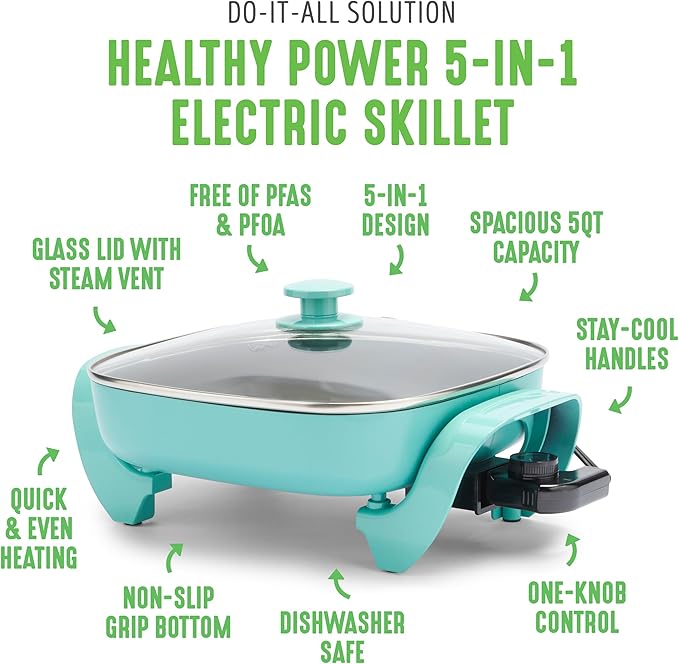 GreenLife 12" 5QT Square Electric Skillet, Glass Vented Lid, Ceramic PFAS-Free