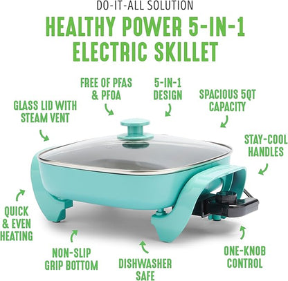 GreenLife 12" 5QT Square Electric Skillet, Glass Vented Lid, Ceramic PFAS-Free