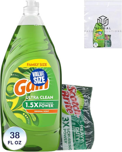 Gain Ultra Degreaser Dish Soap, Original Scent, 38 Fl Oz bundled with Heacy Duty Scotch Brite Sponge