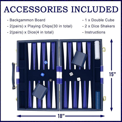 Backgammon Sets for Adults, 15 inch Backgammon Blue Sets Classic Board Game with Premium Leather Case, Portable Travels Strategy Backgammon Game Set for Adults, Kids (Blue)