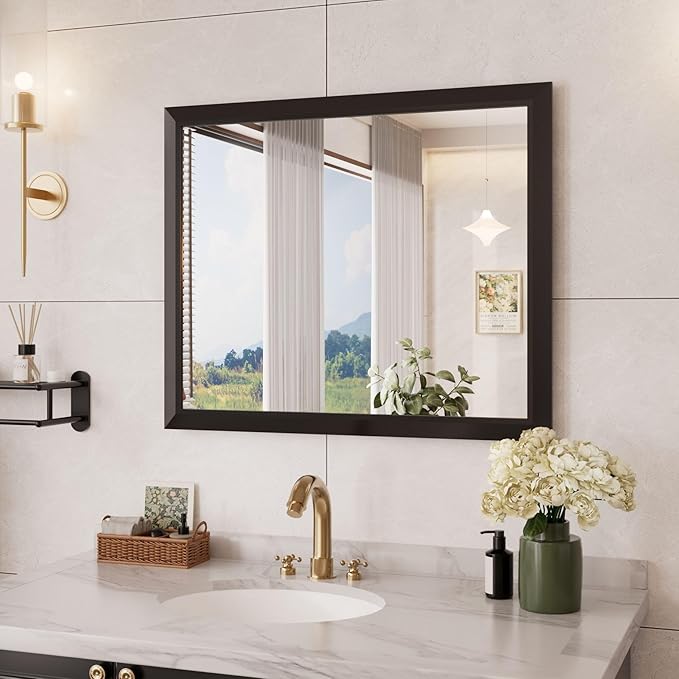 Amorho Bathroom Mirror Black, 30x36 Inch Thick Metal Framed Wall Mirrors