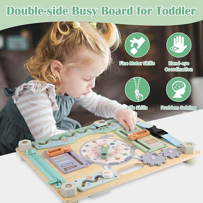 Double-Sided Wooden Busy Board for Toddlers, Sensory Activity Board, Montessori Travel Toy for Kids Age 3-5, Educational Toy for Autism, Ideal Choice for Baby Girls or Boys Birthday