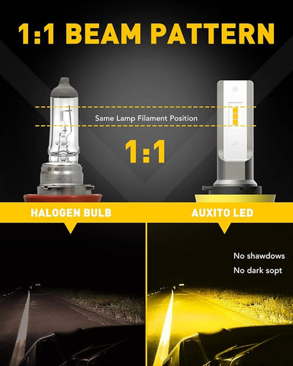 AUXITO H11/H8/H16 LED Fog Light Bulbs or DRL, 6000 Lumens 3000K Amber Yellow Light, 300% Brightness, CSP LED Chips Fog Lamps Replacement for Cars, Play and Plug (Pack of 2)