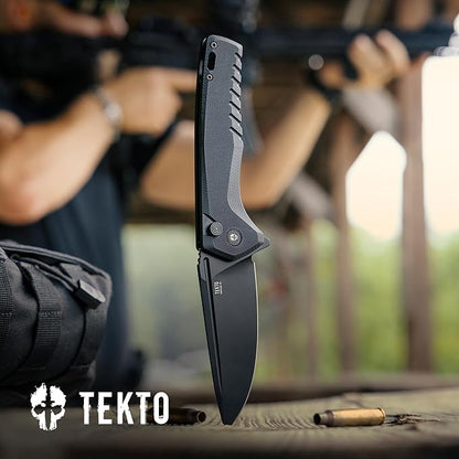 F3 Charlie Button Lock Folding Knife, Oversized Fine Edge Blade, Tactical Black G10 Handle - Easy Open Pocket Knife with Titanium Coated D2 Steel & Black Titanium Barrel Spacers