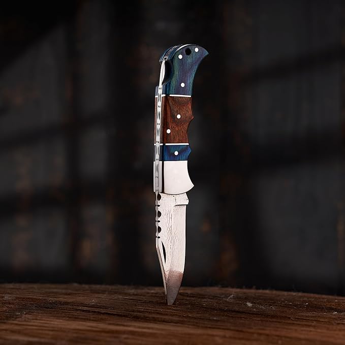 Personalized Folding Knife - Damascus Stag Bone Pocket Knife, Unique Gift for Brother, Uncle, Grandpa, Husband, Groomsmen, Camping, Personalized Folding Blade for Anniversary, Christmas Gift