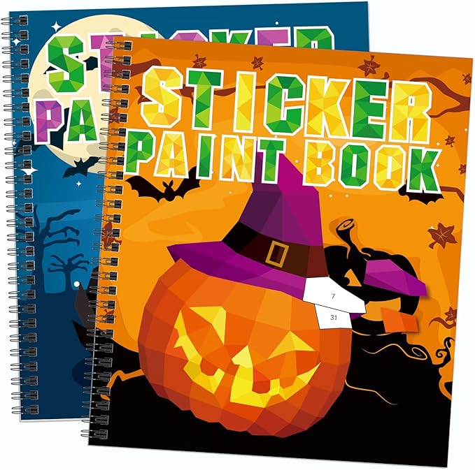 Omgouue 2PCS Halloween Crafts for Kids Ages 4-8 Sticker Paint Books Includes Pumpkins Spiders Tombstones and More Designs Gift Party Create 20 Pictures Sticker Sheets are Separate
