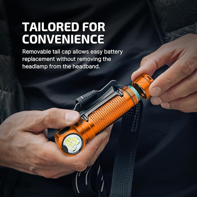 OLIGHT Perun 3 Rechargeable Headlamp Flashlight, 3000 Lumens LED Headlight with Red Light, Waterproof Head Lamp with Headband for Outdoor Camping, Hiking, Working(Orange)