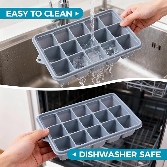 Silicone Ice Cube Trays with Lids 3-Pack, 15-Cavity Ice Tray Set
