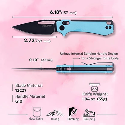 REALSTEEL VIS Pocket Knife, Folding Knife, Crossbar Lock, 2.72" Small 12C27 Steel PVD Black Blade, Thumb Hole, G10 Handle, 1.94oz, Pocket Clip, Versatile Outdoor Indoor EDC Knife, Gifts for Men Women Camping Hiking Fishing Climbing (Blue G10/Black)