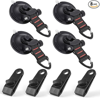 CONBOLA Suction Cups Hooks 8 pcs Car Camping Essentials Heavy Duty Tie Down Suction Cup Camper Accessories with Securing Hook Strong Power for Car Awning Boat SUV Tent Trap Window Glass.(8 pcs)