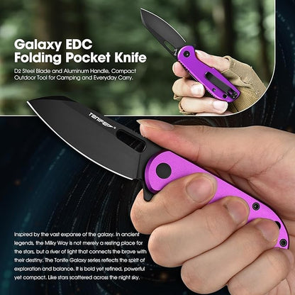 TONIFE Galaxy Mini Folding Knife with D2 Steel Blade and Aluminum Handle, EDC Pocket Tool for Camping, Hiking, and Survival (Purple)