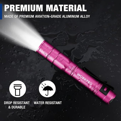 WORKPRO Rechargeable Pen Light, Mini Flashlight, 2 Pack Ultra-Compact EDC Flashlight, Pocket Flashlight with Clip, Memory Function and 2 x USB C Cable Included, Pink