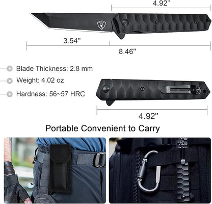 AUBEY Tanto Blade EDC Knife, 440 Steel Pocket Folding Knife with Liner Lock, Clip, Aluminum Handle and Glass Breaker, Nice Gift for Men Women (Black)