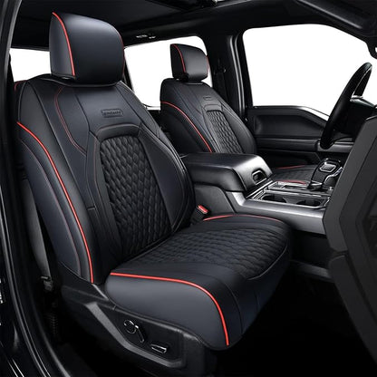 Coverado Front Seat Covers for Ford F150 2015-2026, F250 F350 F450 2017-2026 SuperCrew Crew Cab, Red and Black Leather Car Seat Covers, Full Coverage