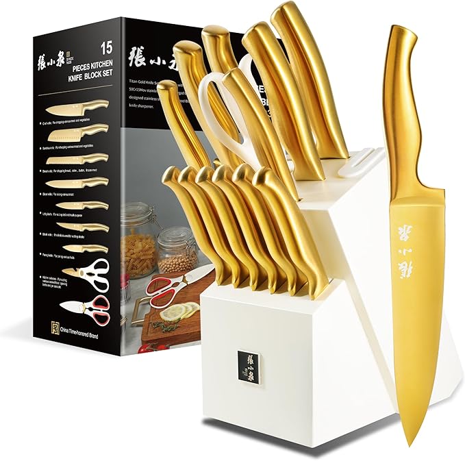 ZHANG XIAO QUAN SINCE 1628 15Pcs Knife Set with White Block, High Carbon Stainless Steel Kitchen Knife Set, Sharp and Durable, Hundreds of Years of Masterful(Golden)