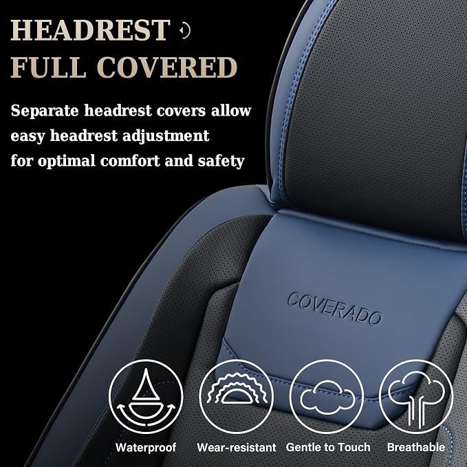 Coverado Car Seat Covers Full Set, Seat Covers for Cars, Waterproof, Leather Car Seat Cushion, Universal Car Interior Covers Seat Protectors for Most Cars Blue