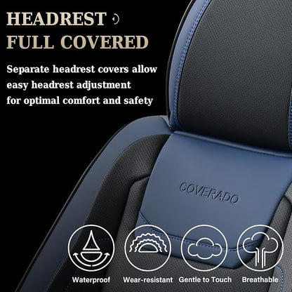 Coverado Car Seat Covers Full Set, Seat Covers for Cars, Waterproof, Leather Car Seat Cushion, Universal Car Interior Covers Seat Protectors for Most Cars Blue