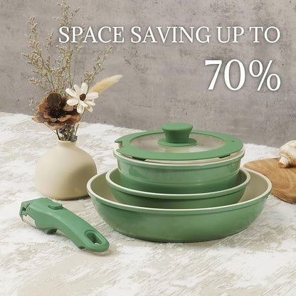 Ceramic Cookware Set Non Stick 8Pcs Pots and Pans Set Detachable Handle