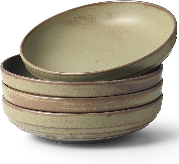 HAPPY KIT 9'' Pasta Bowls, 42oz Pasta Bowls Set of 4, Large Salad Bowl, Ceramic Serving Bowls,Double Reactive Glaze, Ideal for Housewarming, Festivals, Microwave Safe (Moss Green)