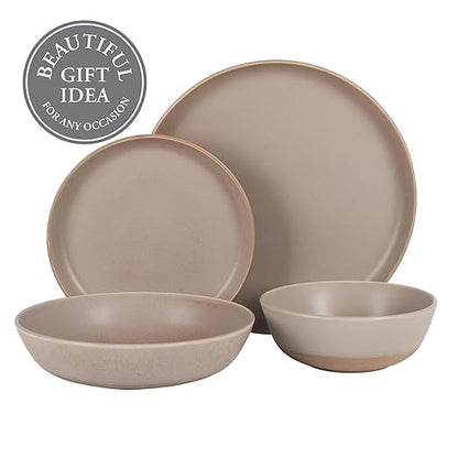 Gibson Elite Laguna Bliss 16 Piece Stoneware Reactive Glaze (Service for 4) Ceramic Plates and Bowls Dinnerware Set - Matte Beige-Gray W/Terracotta Bottom