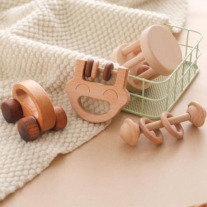Wooden Baby Rattle Set, Newborn Wooden Rattle Toy, Natural Wooden Montessori Baby Grip Toy, Baby Gift Toy, Wood Rattle Set-7