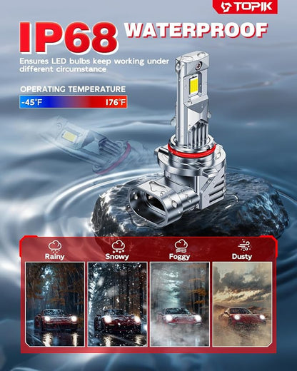 TOPIK 9005/HB3 LED Bulb, 900% Brighter & Clearer Than Stock, CANbus Ready, Fog Bulbs 9005 for Powersports IP68 50000Hrs Lifespan, 1:1 Size 3 Mins Installation, 2 Pack