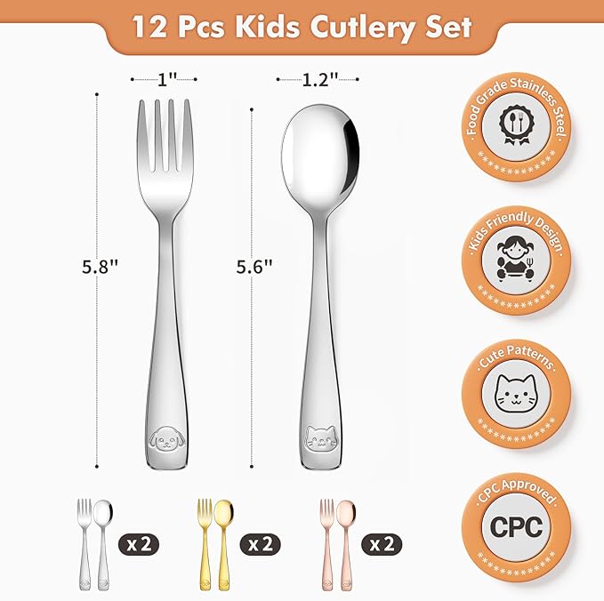 DRKIO Stainless Steel Toddler Utensils Set - 12 Pieces Kids Silverware Set Children Safe Food Grade Small Forks and Spoons Dishwasher Safe Mirror Polished