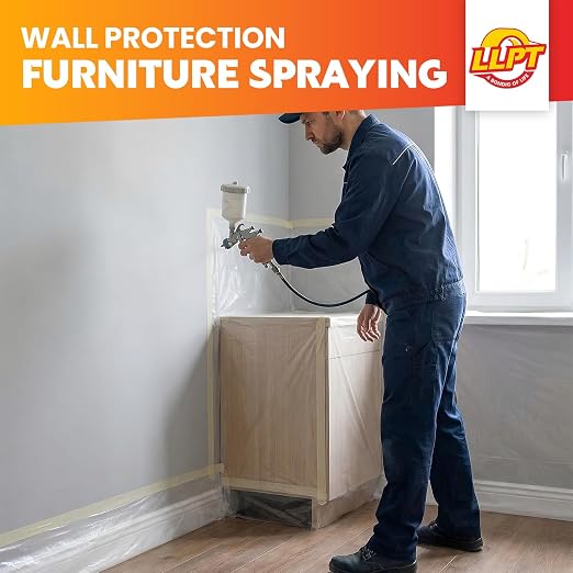 LLPT Pre-Taped Masking Film, 59.1" Unfolded x 66Ft, 0.27 Mil, 2 Pack | Static-Cling, Disposable, Solvent & Oil Resistant Bleed-Proof Low Tack No Residue for Auto Wall Furniture Painting Protection