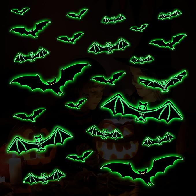 3 Sheets Glow in The Dark Halloween Skeleton Bat Decals Luminous Halloween Skeleton Bat Stickers Removable Bat Wall Decor Glowing Window Clings for Scary Halloween Theme Party Decorations