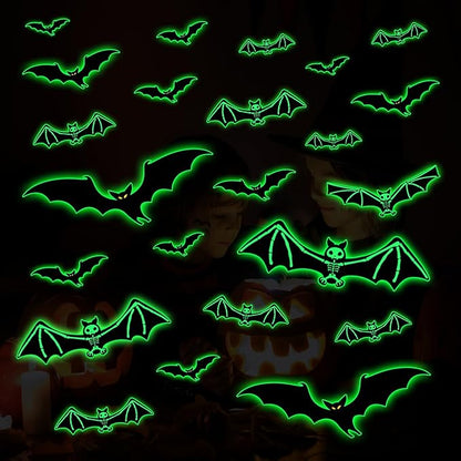 3 Sheets Glow in The Dark Halloween Skeleton Bat Decals Luminous Halloween Skeleton Bat Stickers Removable Bat Wall Decor Glowing Window Clings for Scary Halloween Theme Party Decorations