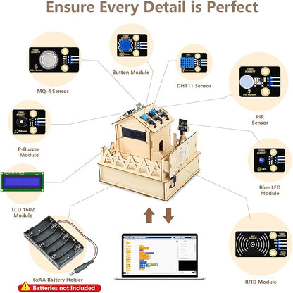 ESP32 IOT Smart Home Starter Kit for Arduino IDE, Educational STEM Kit Toys for Kids Age 10+, 3D Wooden Puzzles House DIY Sensor Science Kit Electronics Auto Engineering Coding Set for Adults Teens