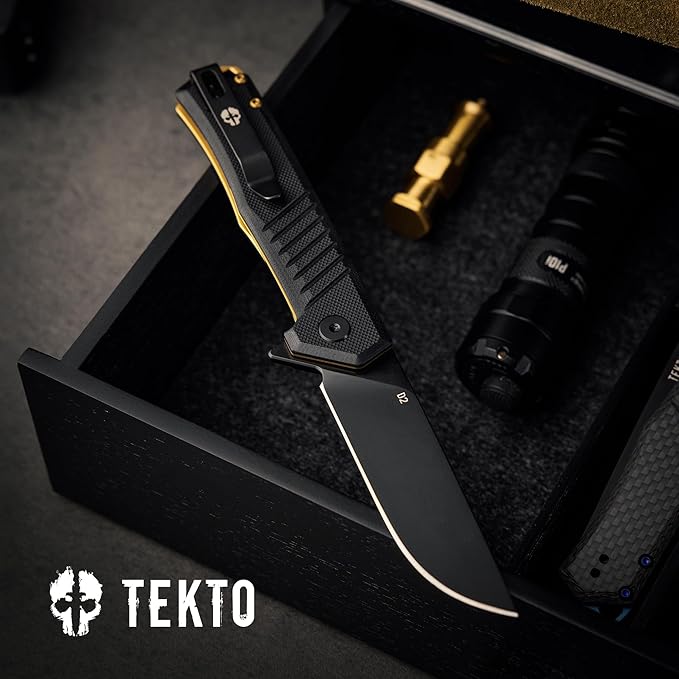 F1 Alpha Folding Pocket Knife - Modified Straight Back Blade, Titanium Coated D2 Steel, Ideal for Outdoor Camping and Backpacking, Tactical G10 Black Handle, Bronze Titanium Accents