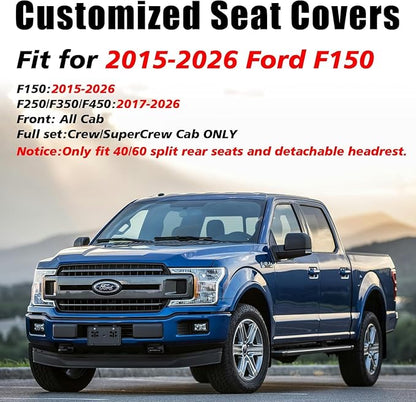 Coverado Leather Rear Seat Covers Fit for Ford F150 F250 F350 F450, Waterproof Ford Truck Rear Seat Covers Fit for 2015-2026 F150 & 2017-2026 F250 F350 F450 (Blueline)