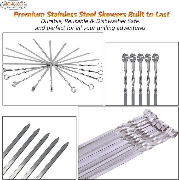 Hakka Stainless Steel Barbecue Skewers, 23" Heavy Duty Metal Skewers Large Wide Grilling Reusable Kabob Sticks with NonSlip Ring Handle,Set of 10