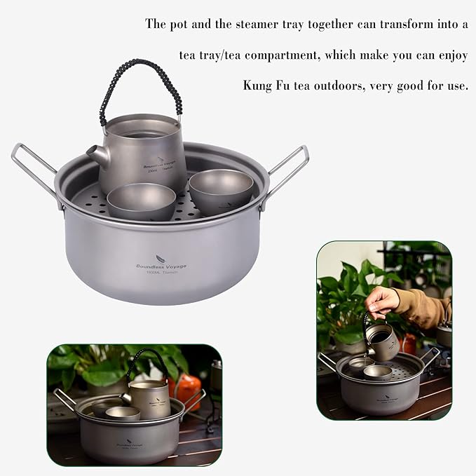 Boundless Voyage Multifunctional Titanium Steamer Pot with Frying Pan and Vented Lid Outdoor Camping Backpacking Kitchen