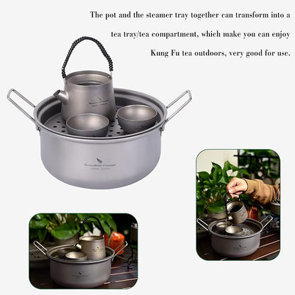 Boundless Voyage Multifunctional Titanium Steamer Pot with Frying Pan and Vented Lid Outdoor Camping Backpacking Kitchen