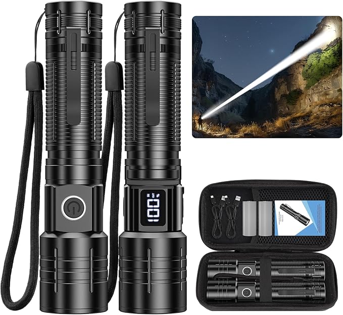 AdamStar Tactical High Lumens Flashlights, LED Rechargeable Flashlight Super Bright Flash Light with Power Display Waterproof Small Flashlights for Camping Emergencies, 6Modes Zoomable Pocket