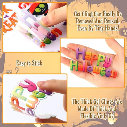 MARFOREVER 50 PCS Halloween Gel Window Clings Stickers Reusable Pumpkins Ghosts Bats Window Thick Gel Clings Decals for Kids Classroom Nursery Home Party Supplies Windows Glass Decorations