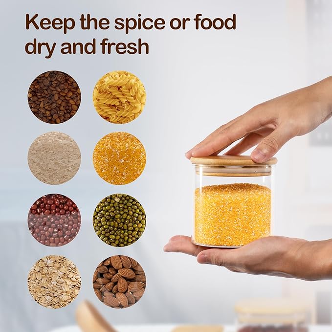 22oz Straight cylindrical Airtight Storage Jars with Bamboo Lid Set of 6 Storage Container Stackable Spice Jar, Kitchen Canister for Sugar, Tea, Cookies and Coffee beans (with Black Lable)