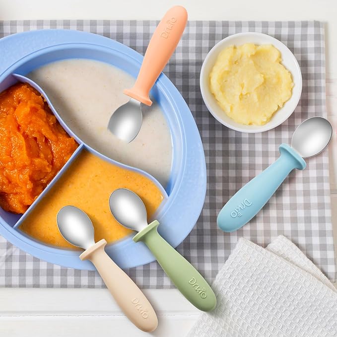 DRKIO 8 PCS Toddler Spoons Set - Baby Spoons with Silicone Handle Children safe 18/8 Stainless Steel Toddler Utensils Set for Self Feeding Kids Silverware Anti-Choke Design Food Grade Dishwasher Safe
