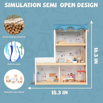 Wooden Dollhouse for Kids, Wood Doll Houses,Three-Story Dollhouse with Furniture & Accessories, DIY Pretend Play House with 3 Toy Figures, Gift for Toddlers & Young Girls Boys