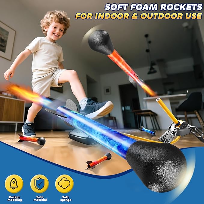 Rockets for Kids Age 4-8 with 8 LED Rockets and 2 Launcher - Outdoor Toys for 4 5 6 7 8-12 Year Old Boy Birthday Gift, Air Powered Flying Toy Shooting Up to 100 Feet, Toys for Kids Ages 8-12