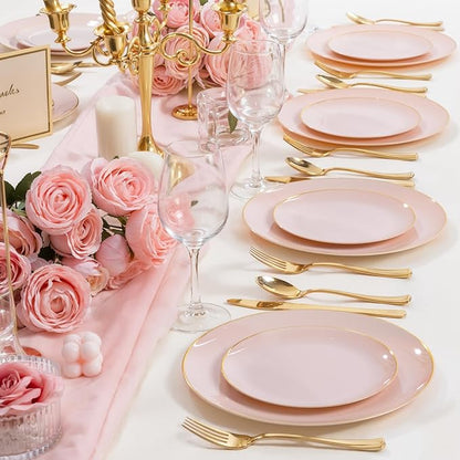 PULOTE 200Pieces Pink Plastic Plates - Premium Hard Pink and Gold Disposable - Include 100PCS 10 inch Dinner & 100PCS 7 inch Dessert Plates, Ideal for Wedding & Party