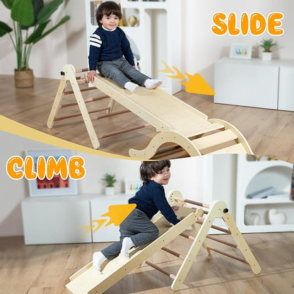 Pikler Triangle Set Climber 5 in 1, Toddler Climbing Toys Indoor Folding with Ramp & Arch & Mat for Montessori Play Gym for Toddlers and Kids (Natural)(99" Wx21 Dx23 H)