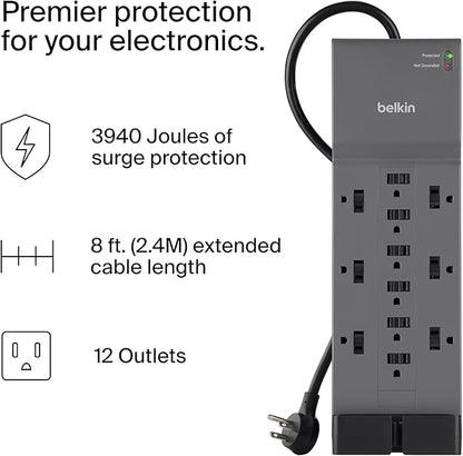 Belkin 12-Outlet Surge Protector Power Strip w/ 12 AC Outlets & 8ft Flat Plug
