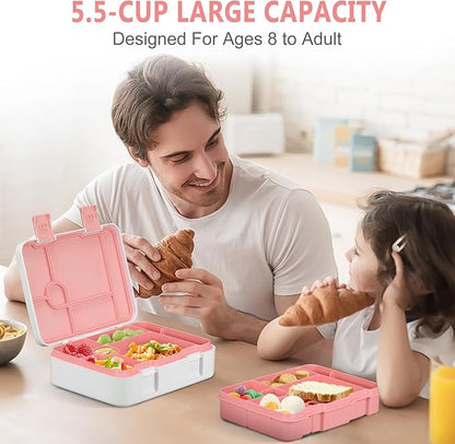Kids Bento Lunch Box with Ice Pack, 5 Compartments Leak-Proof Bento Box with Utensils, 5.5-Cup Capacity for Adults & Ages 8+, BPA Free, Microwave & Dishwasher Safe, Pink