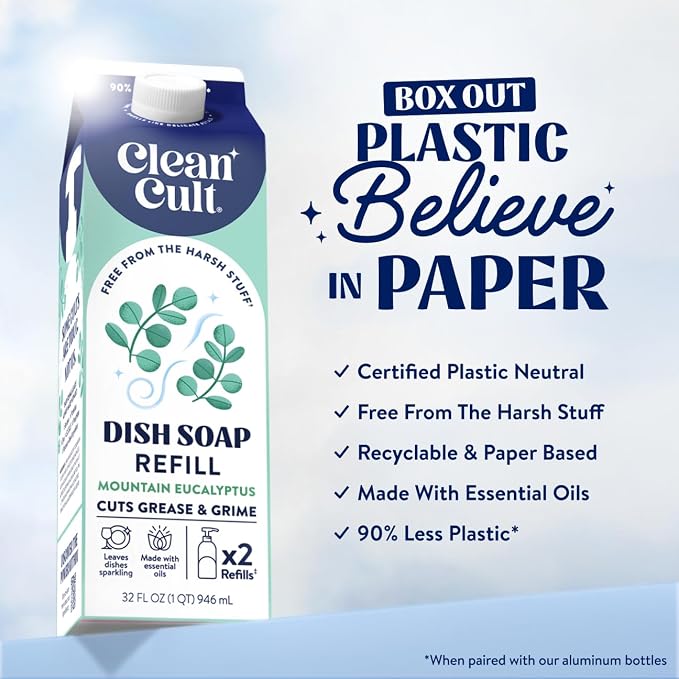Cleancult Dish Soap Liquid Refill (32oz, 1 Pack) - Plant Based Cleaning Power - Dish Soap that Cuts Grease & Grime - Free of Harsh Chemicals - Uses 90% Less Plastic - Mountain Eucalyptus