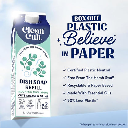 Cleancult Dish Soap Liquid Refill (32oz, 1 Pack) - Plant Based Cleaning Power - Dish Soap that Cuts Grease & Grime - Free of Harsh Chemicals - Uses 90% Less Plastic - Mountain Eucalyptus