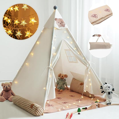 Teepee Tent for Kids-Portable Children Play Tent Indoor Outdoor (White with Mat)