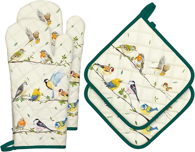 Bird Branch Oven Mitts and Pot Holders Sets 4Pcs, 100% Cotton Heat Resistant